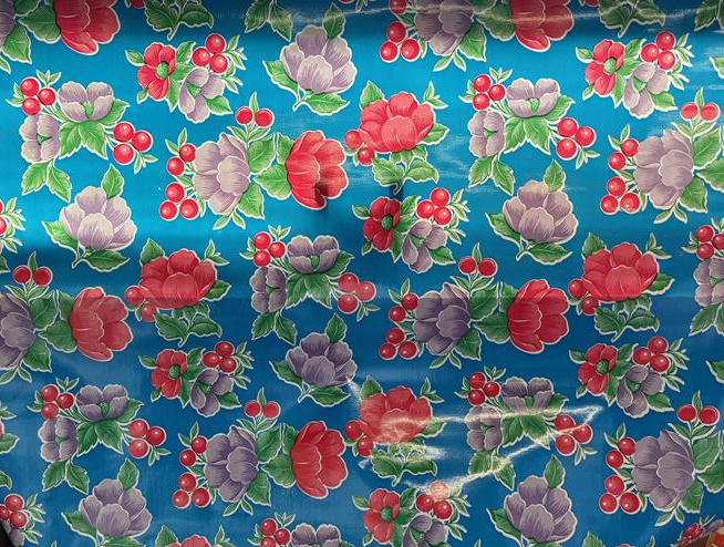 Poppies on Blue Oilcloth Fabric Full Bolt - 12 Continuous Yards, 47.5" Wide