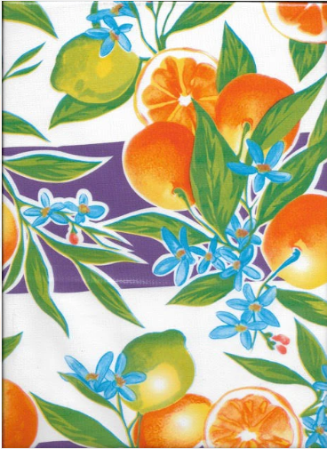 Seville Oranges with Purple Stripe Oilcloth Fabric by the Yard, 47.5" Wide