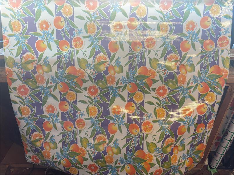 Seville Oranges with Purple Stripe Oilcloth Fabric by the Yard, 47.5" Wide