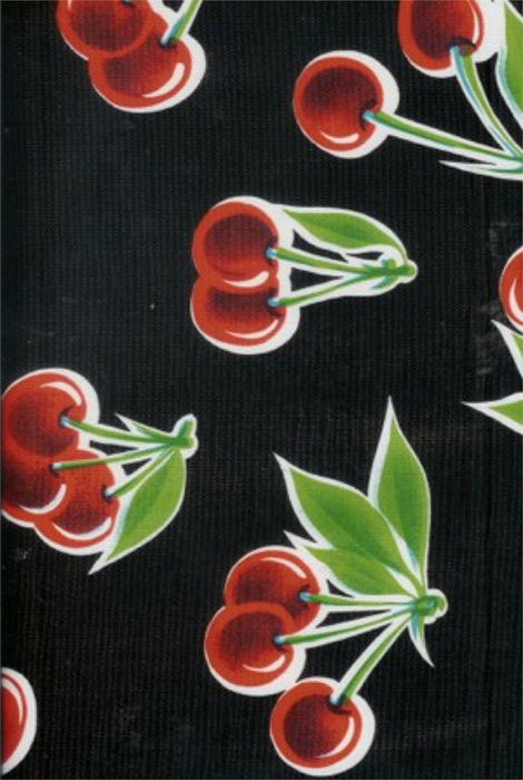 Stella Cherries on Black Oilcloth Fabric Full Bolt - 12 Continuous Yards, 47.5" Wide