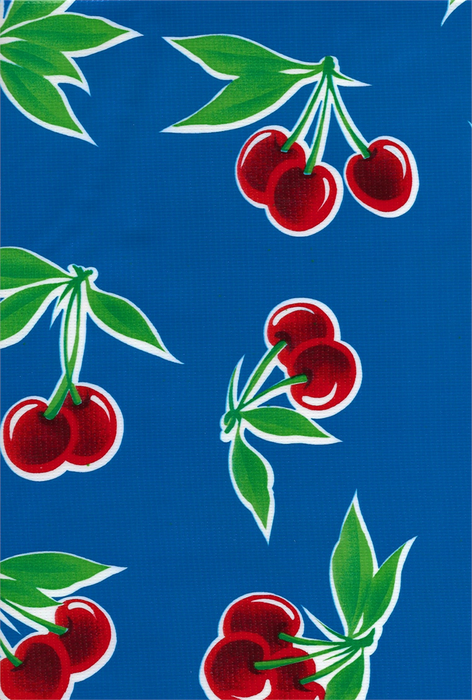 Stella Cherries on Blue Oilcloth Fabric by the Yard - 47.5" Wide