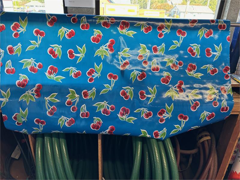 Stella Cherries on Blue Oilcloth Fabric by the Yard - 47.5" Wide