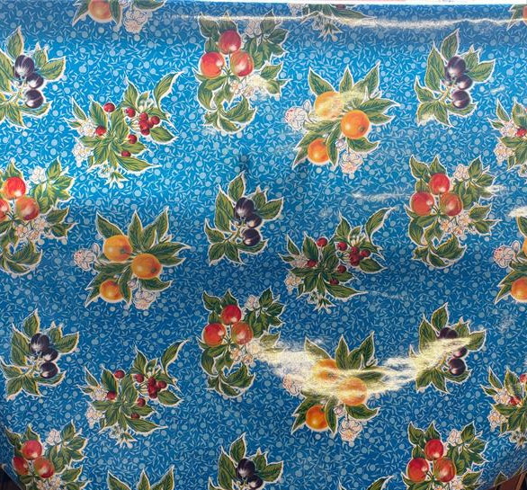 Summer Fruit on Blue Oilcloth Fabric by the Yard - 47.5" Wide
