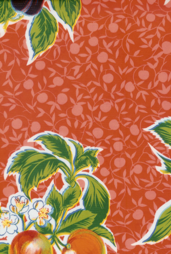 Summer Fruit on Red Oilcloth Fabric Full Bolt - 12 Continuous Yards, 47.5" Wide