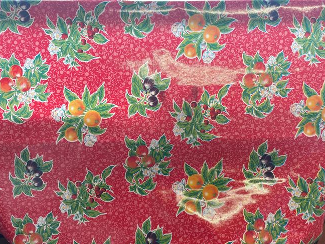 Summer Fruit on Red Oilcloth Fabric Full Bolt - 12 Continuous Yards, 47.5" Wide