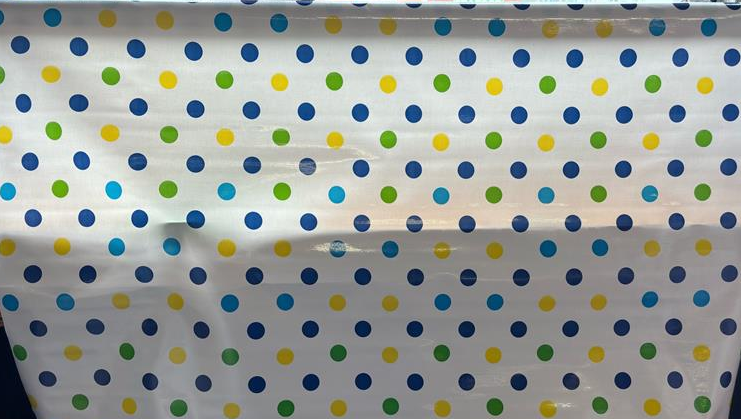 Tokyo Dots Blue and Yellow on White Oilcloth Fabric by the Yard - 47.5" Wide