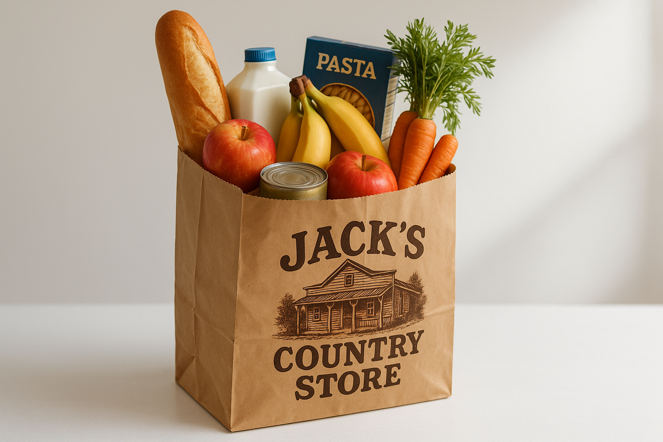 Paper bag with Jacks logo full of random grocery items