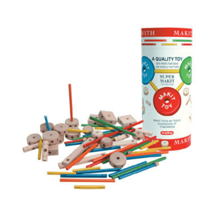 Schylling Makit Classic Wood Construction Toy - 70-Piece Building Set for Kids