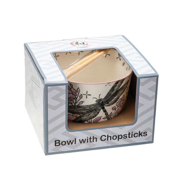 Dragonfly Donburi Bowl with Chopsticks Set, 18 oz