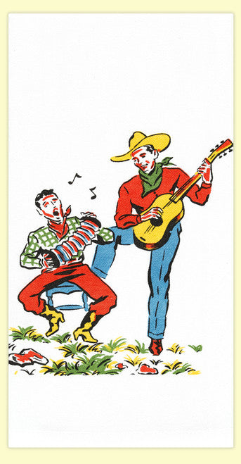 Red and White Kitchen Retro Singing Cowboys Flour Sack Towel 100% Cotton